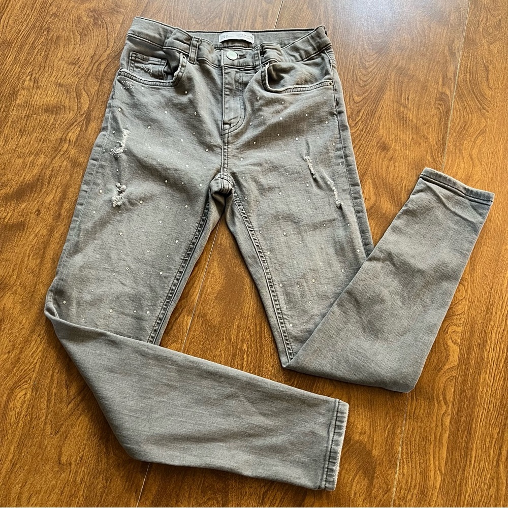 Zara Kids Gray Wash Rhinestone Stretch Skinny Denim Jeans kids size 13/14